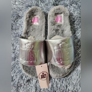 Juicy Couture Silver JJK Tarzana Fuzzy Footbed Logo Slides